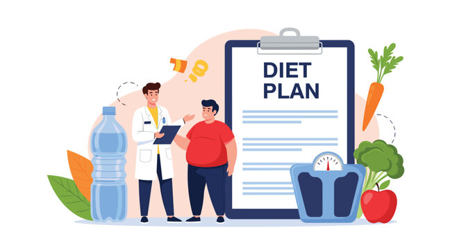 Male doctor consulting with an overweight patient about a healthy diet plan with illustrations of fresh vegetables and a scale.