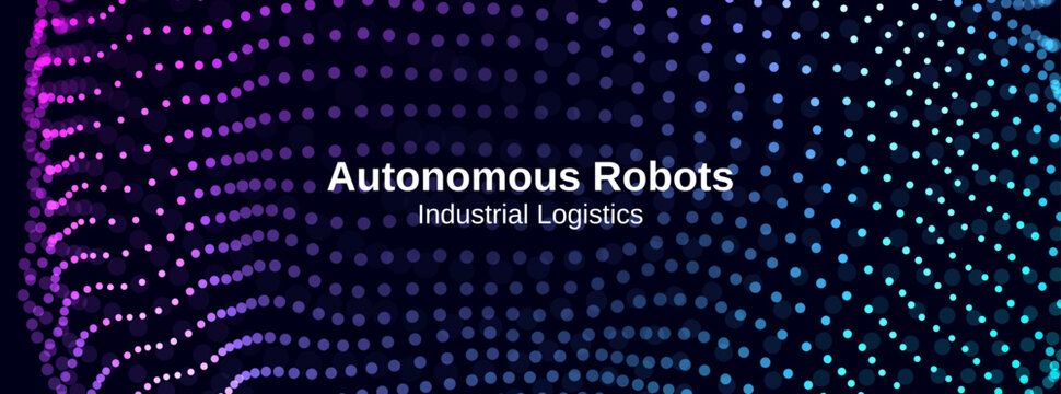 Abstract digital network background with flowing dot pattern. Autonomous robots industrial logistics concept futuristic technology banner. Blue purple data sphere ai driven global.