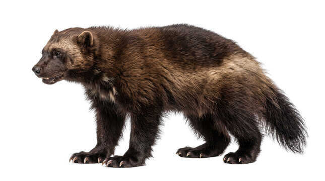 Fierce wolverine mammal with thick brown fur standing in a profile view isolated on white background for wildlife and nature concept