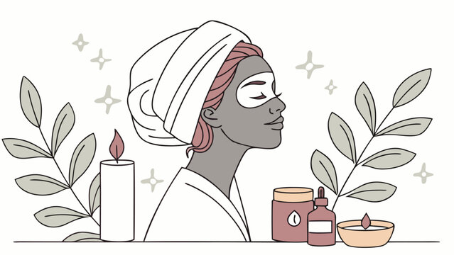 Relaxed woman with facial mask and spa towel enjoying skincare beauty treatment at home