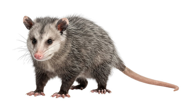 A detailed studio capture of a North American opossum showcasing its unique grey fur texture and pink nose isolated on a plain white background