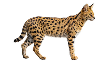 Fototapeta premium Full body side view of an elegant wild serval cat with distinctive golden fur and black spots isolated on a clean white studio background