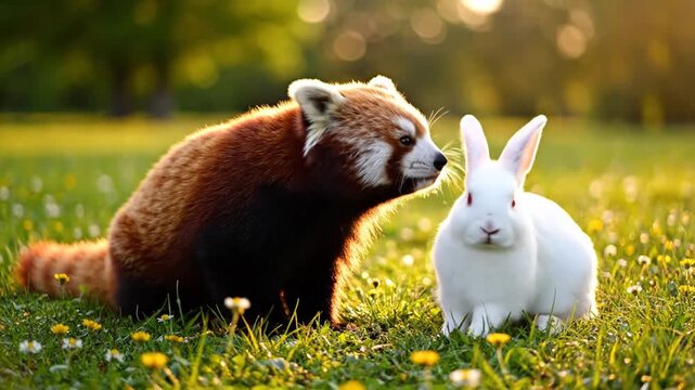 Red panda and white rabbit in green meadow.
