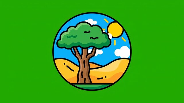 A simple illustration of a tree on a sunny landscape with blue sky