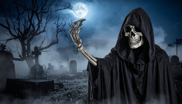 Grim Reaper skeleton in graveyard with tombstones, fog, and eerie moonlit atmosphere