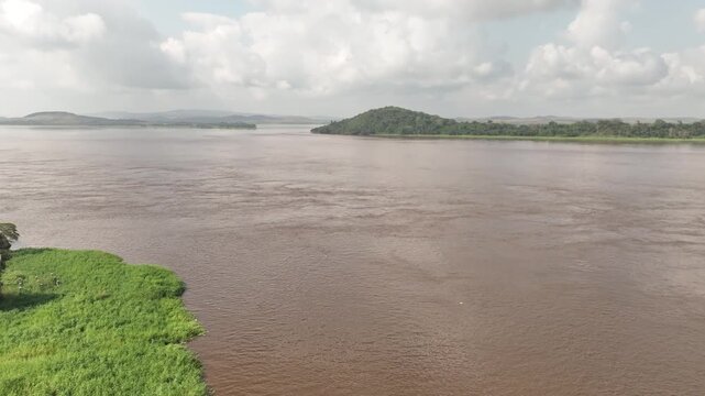 Congo River, DR Congo - wide expanse with green forested islands, aerial drone view