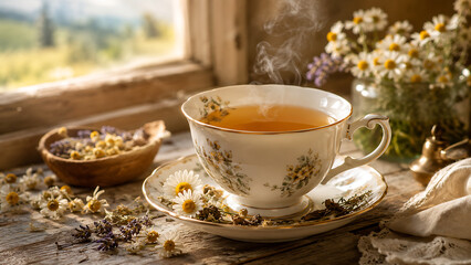 Fototapeta premium Vintage floral teacup of chamomile tea by sunny window with dried chamomile bowl, rustic linen, cozy countryside herbal tea lifestyle photography in warm light.