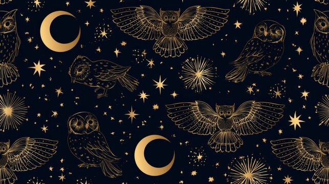 Dark navy background features golden owl silhouettes and star elements in a seamless repeat pattern perfect for fabric and wallpaper use