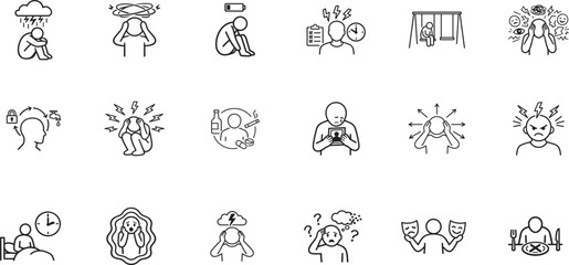 Fototapeta premium Mental health disorders thin line icon set with editable stroke for healthcare, psychology and education.