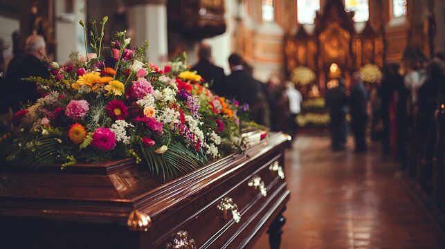 Casket with colorful floral arrangement at a funeral service inside a church