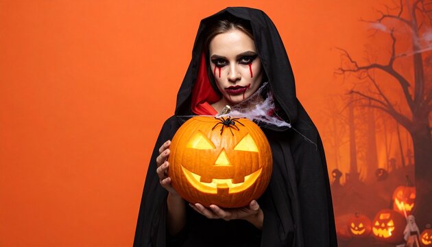 Spooky Halloween hooded figure holding glowing jack-o&rsquo;-lantern amidst eerie pumpkins and haunted trees