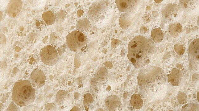 Close-up of Bread Crumb Texture: An intricate macro view reveals the porous, airy texture of bread crumb, showcasing a network of irregular bubbles and golden-brown hues.