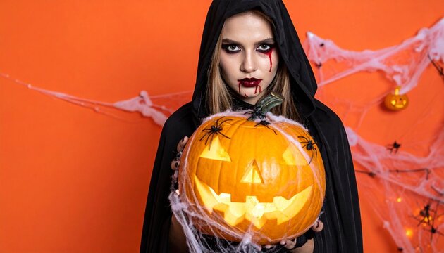 Spooky Halloween hooded figure holding glowing jack-o&rsquo;-lantern amidst eerie pumpkins and haunted trees