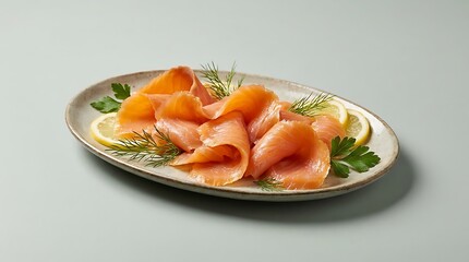 Obraz premium A gourmet plate of salmone affumicato elegantly arranged with fresh dill sprigs, parsley, and lemon slices isolated on a clean light gray background studio shot