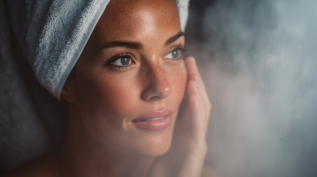 Portrait of a young brunette woman with natural beauty, close-up fashion model face with makeup, dark hair, expressive eyes and glamour studio lighting