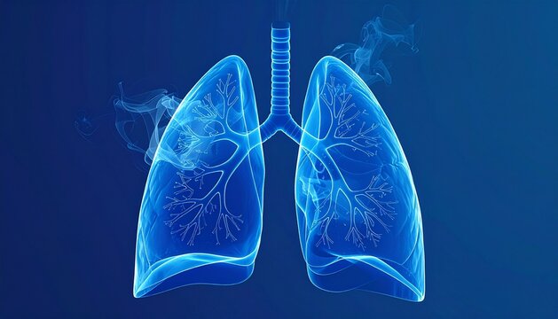 Blue 3D Medical Illustration of Human Lungs with Smoke - Respiratory Disease and Pollution Concept