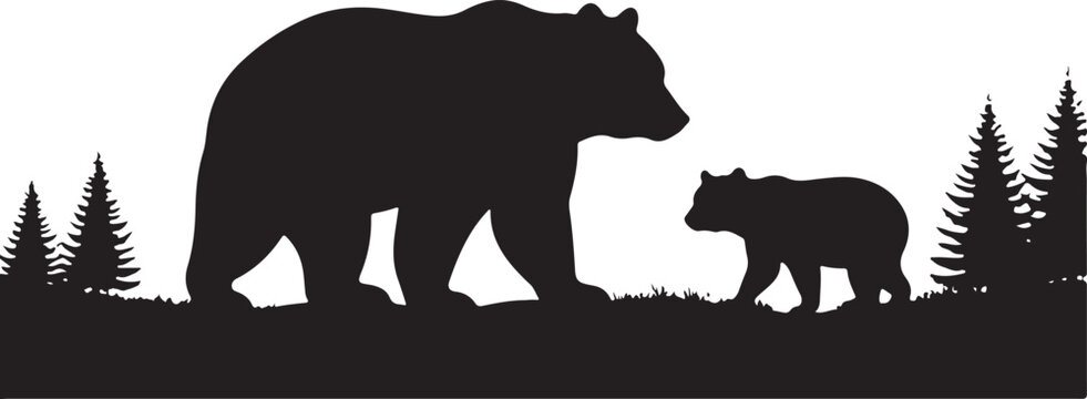 A minimalist black silhouette graphic of a mother bear and her cub walking through a pine forest.