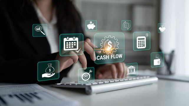 Business Person Managing Cash Flow with Digital Icons Representing Financial Concepts and Data Analytics in an Office Environment. Glyphic.