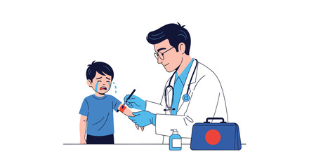Fototapeta premium Professional male doctor in a white coat applying a bandage to a crying young boy's arm in a medical clinic office.