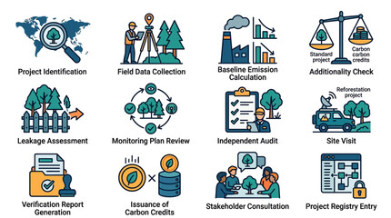 Fototapeta premium A collection of flat vector icons representing environmental sustainability and carbon credit processes