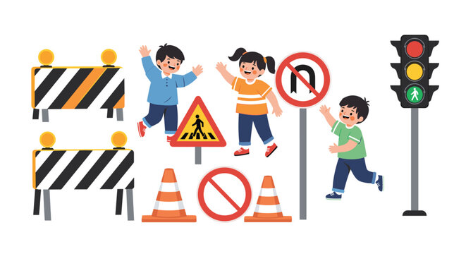 Elementary school children learn about road safety and traffic rules surrounded by various signs like crossing, stop, and traffic lights.