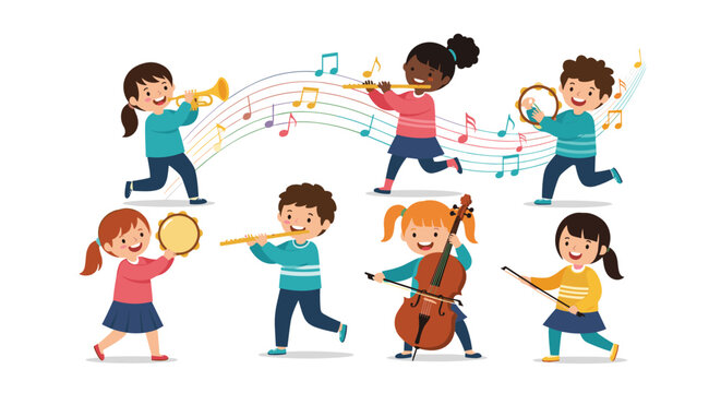 Group of diverse children marching and playing various musical instruments like trumpet flute cello and tambourine with musical notes.