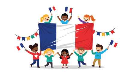 Fototapeta premium Diverse group of smiling children holding up a large flag of france together while celebrating with smaller handheld flags.