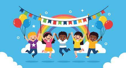 Fototapeta premium Group of diverse happy children jumping for joy under a vibrant rainbow and a colorful bunting banner against a blue sky.