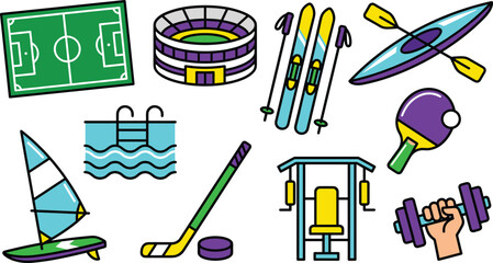 Sports Activities and Fitness Training Facilities Colorful Vector Icon Set Featuring Soccer Field Stadium Skiing Kayaking Windsurfing Swimming Pool Table Tennis Gym Equipment  © MstMonjila