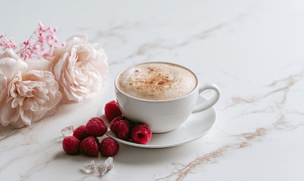 Cup of cappuccino with raspberries and pink roses on marble surface