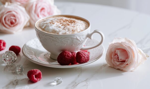 Cappuccino in ornate white cup with raspberries and pink roses