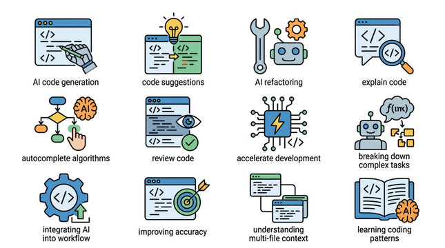 A collection of flat vector icons representing modern software development and artificial intelligence tools