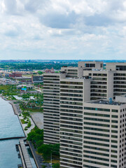 Fototapeta premium Aerial shot of Skyscrapers and office buildings in the skyline in Detroit Michigan USA