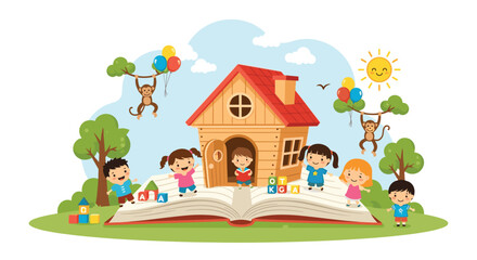 Naklejka premium Magical illustration of a small wooden house built on top of an open book with children and monkeys playing around it for a literacy theme.