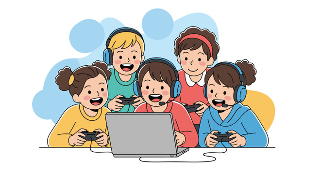 Group of excited children using controllers and headsets to play multiplayer video games on a laptop together for leisure and social bonding.