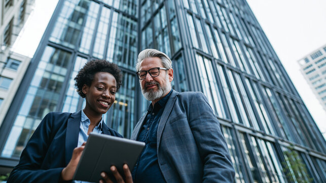 Two Business Professionals Using Digital Tablet Outside Modern Corporate Office Building