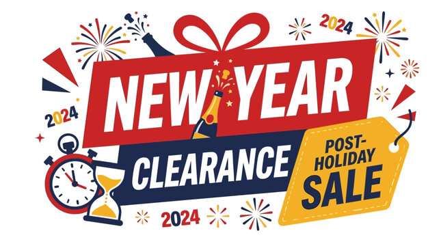 A colorful vector illustration of a New Year clearance sale sign with fireworks and a clock.