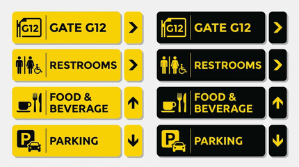 Fototapeta premium Vector illustration of directional signs for Gate G12, restrooms, food and beverage, and parking areas.