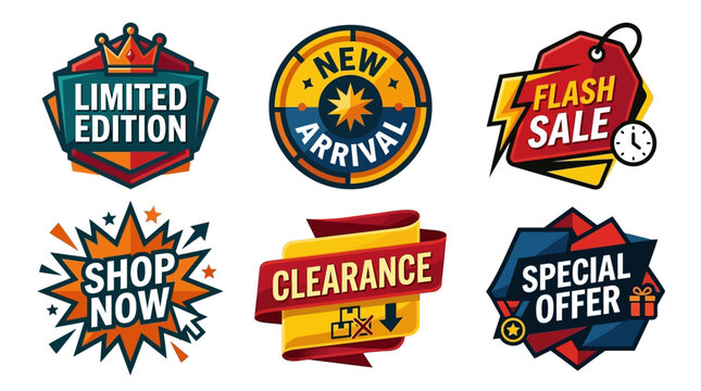 Vector graphics of colorful sale stickers and promotional labels on white