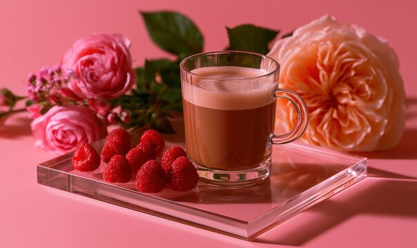 Coffee with raspberries and pink roses on pink background