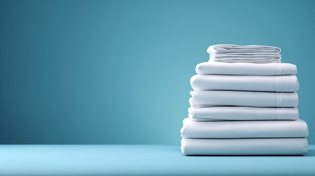 Stack of fresh white folded bed sheets against a blue background