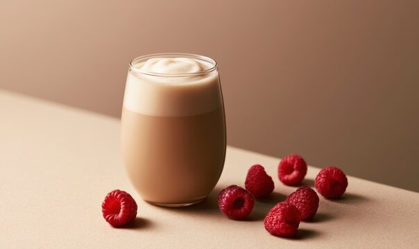 Rich-colored drink in glass surrounded by ripe raspberries