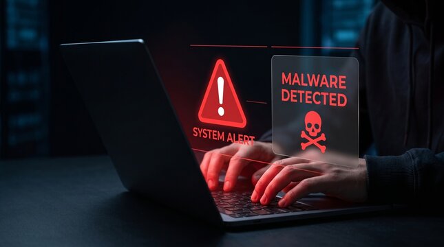 Cybersecurity Malware Alert On Laptop With Hacker Hands In Dark Digital Threat Environment