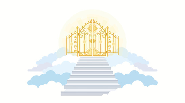 Golden gate to heaven with stairs and clouds.
