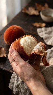 Hand peeling a ripe velvet apple fruit on a rustic wooden table