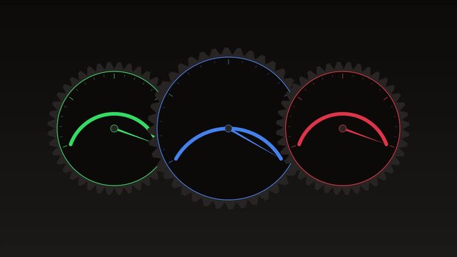 Dynamic triple gauge dashboard animation: performance monitoring and data analysis interface 4k