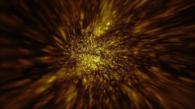 Cosmic interstellar hyperspace motion background animation. Flying at warp speed through a tunnel of glowing golden stars and particles in space. Full HD and looping galaxy starburst animation.