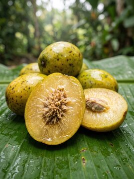 Fresh ambarella fruits or spondias dulcis on a green banana leaf