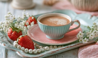 Fototapeta premium Cup of tea beside strawberries and white blossoms on vintage tray