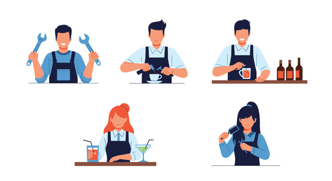 Set of five different professionals including mechanic barista bartender waitress and hairdresser working in flat style.